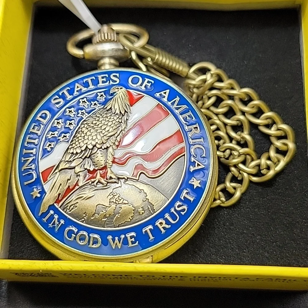 Invicta 49008 Gold Tone Pocket Watch Red White Blue American Flag Eagle Enamel